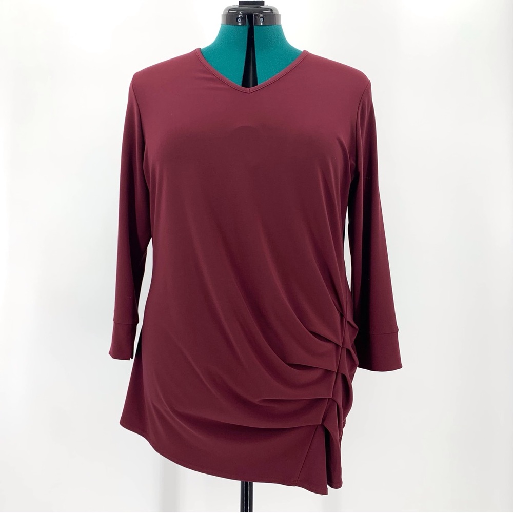 Lisette Burgundy V-Neck Ruched Side 3/4 Sleeve Top, Large